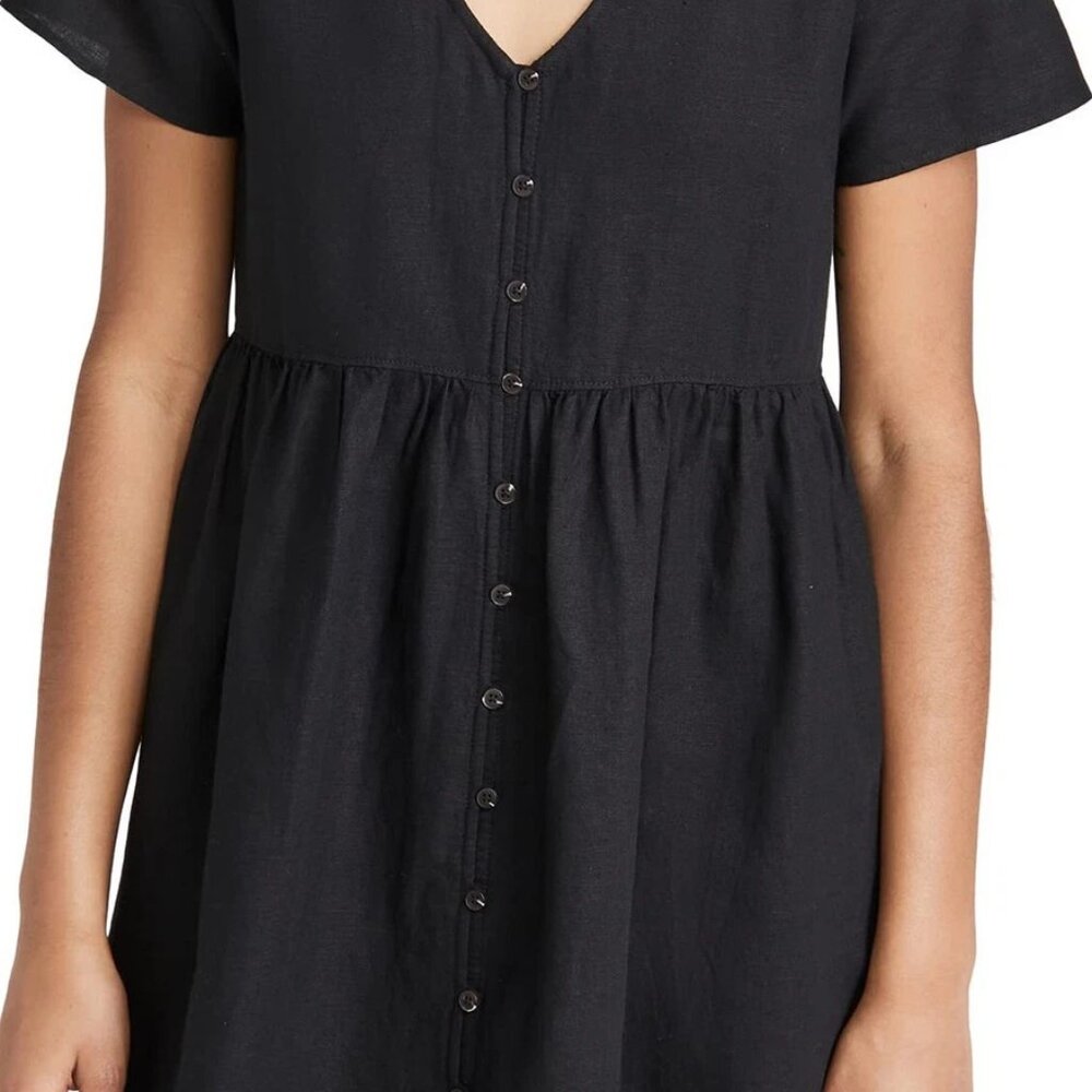 Madewell black linen short sleeved buttoned front mini dress